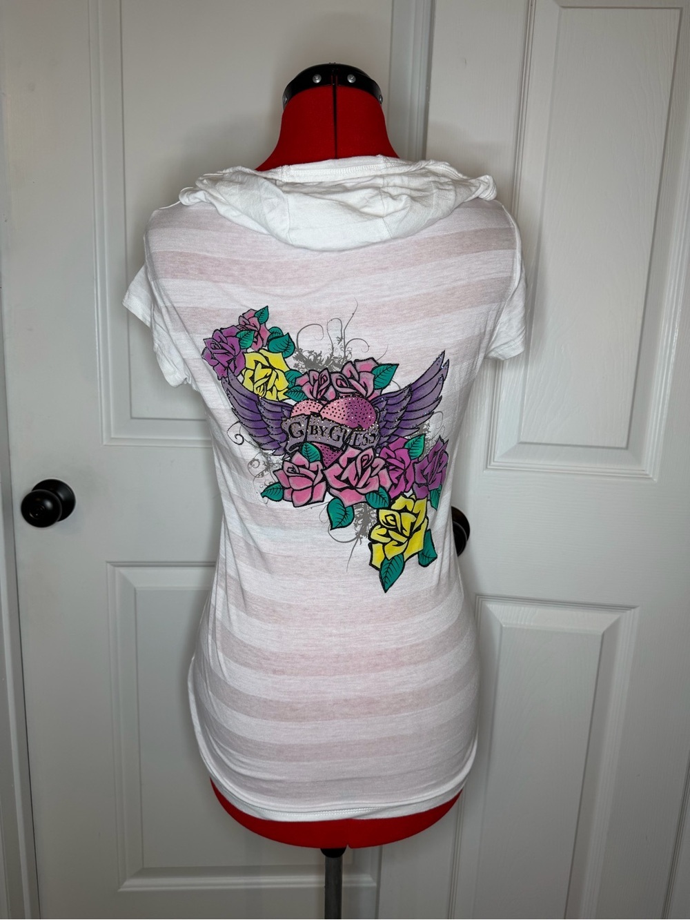 G by Guess Y2K Rose Wings Graphic Rhinestone Short Sleeve Women Top Sz L